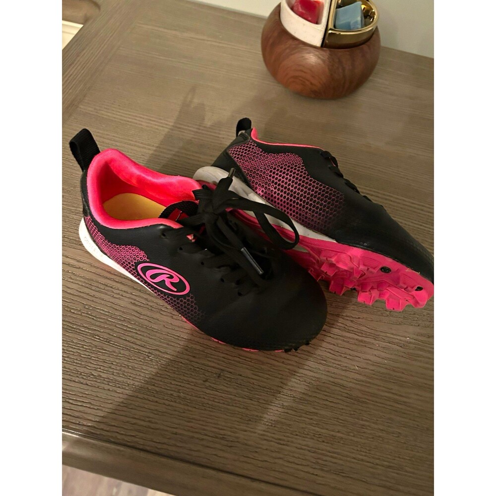 Rawlings Youth Size 10 Baseball/Softball Cleats Athletic Shoes, Black & Pink